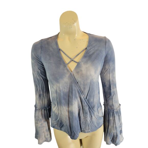 American Eagle Top Soft Sexy Size XS Blue White Tie Dye Bell Sleeve Blouse - Picture 1 of 9